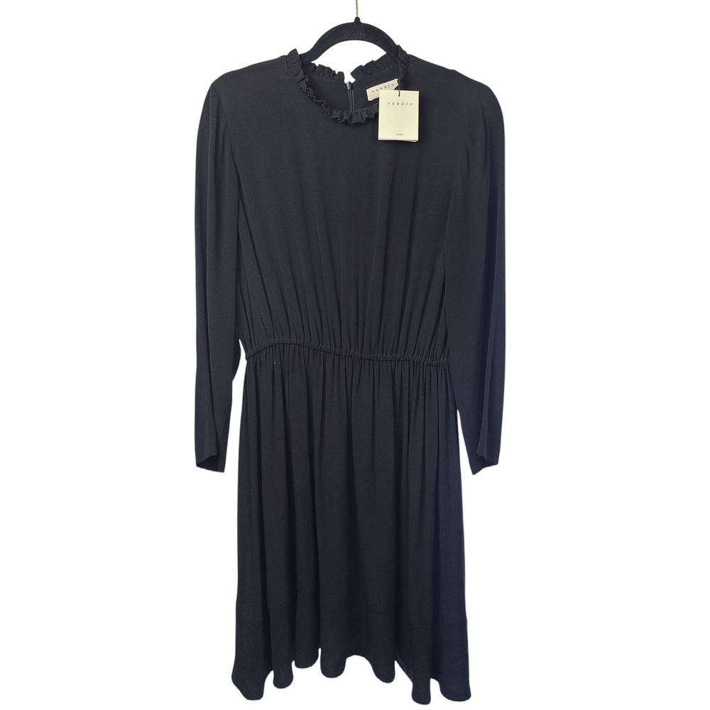 SANDRO Dress Women's Long Sleeve Ruffle Collar Mini Black (EU) 38/ US M NWT